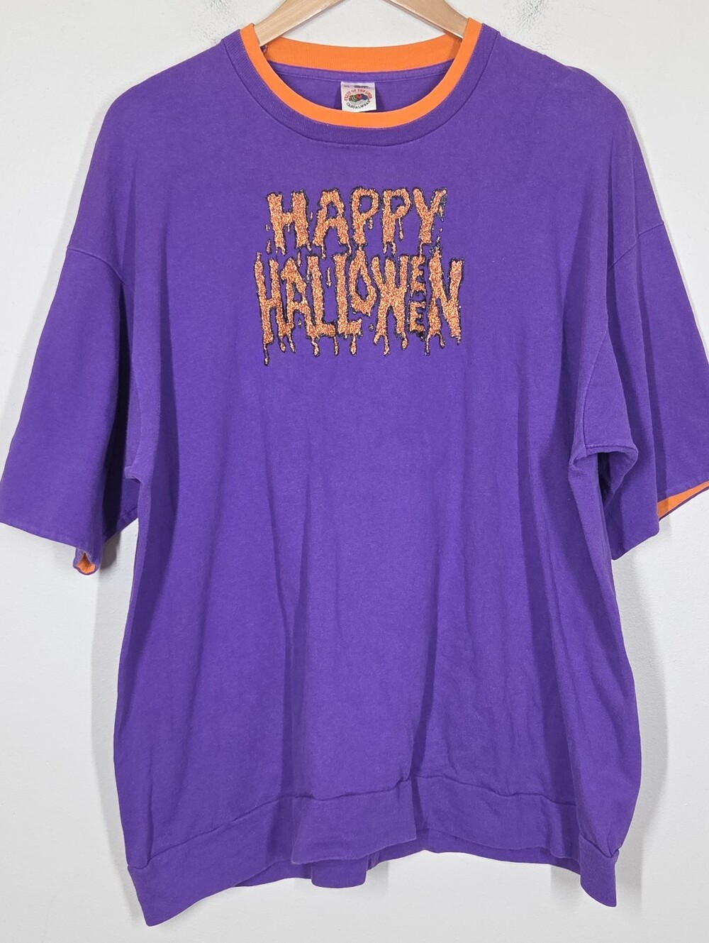 Vtg 90s Fruit Of The Loom Purple Orange Happy Halloween TShirt Glitter XL Cotton